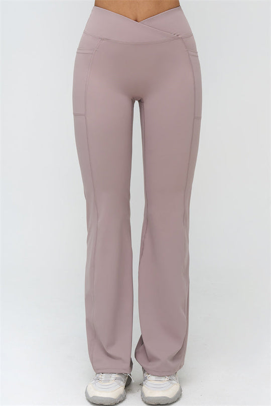 Rosa Flared Leggings mit glatter Rückansicht und mittiger Naht, hoher Bund