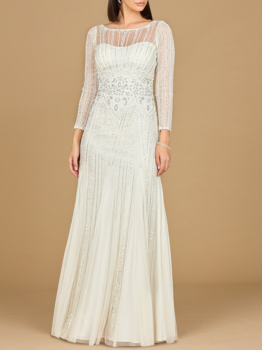 Ivory beaded high-neck wedding gown with long sheer sleeves and fitted bodice