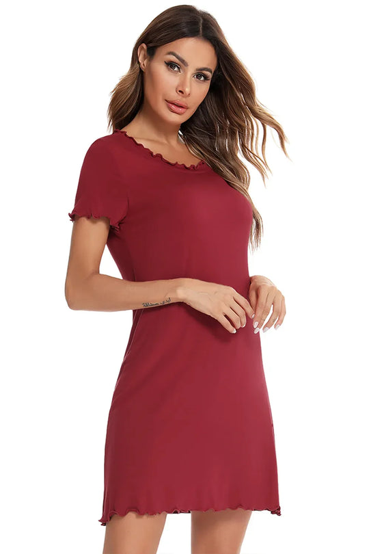 Scarlet short-sleeve round-neck lounge dress, scalloped neckline and straight skirt