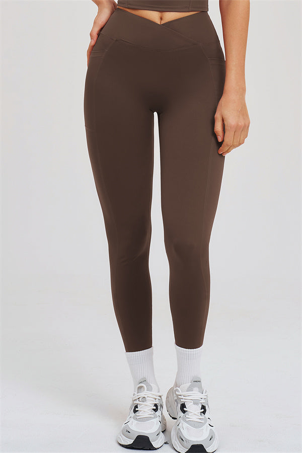 Taupe leggings front view, cropped waistband and tapered leg fit