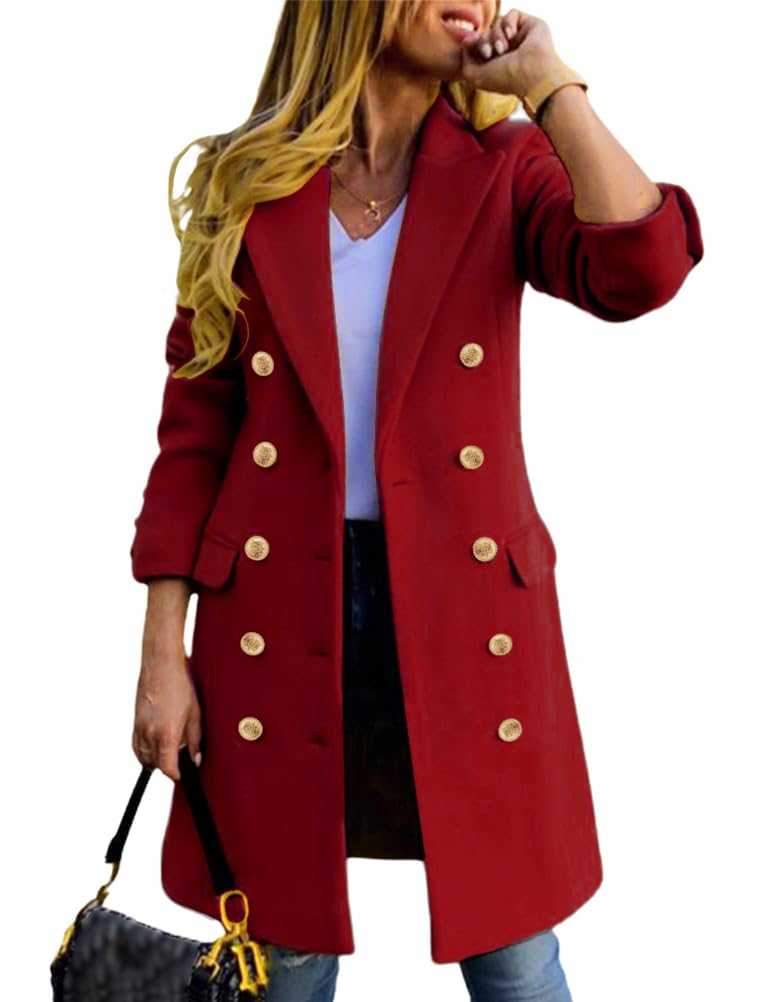 Red double-breasted midi peacoat with gold buttons and front lapels
