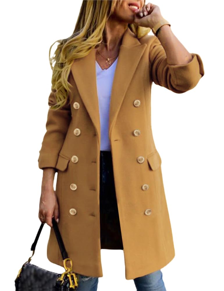 Camel brown double-breasted midi coat with gold buttons and notched lapels