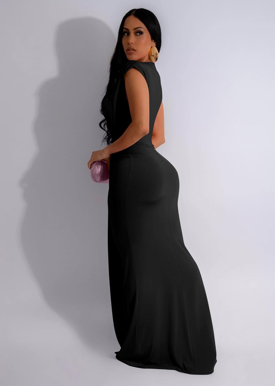Black deep V evening gown in a fitted column silhouette