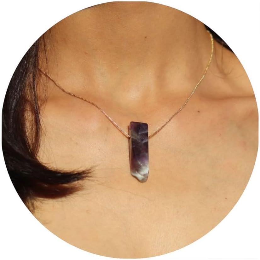 Amethyst crystal bar pendant on thin gold chain, irregular stone detail