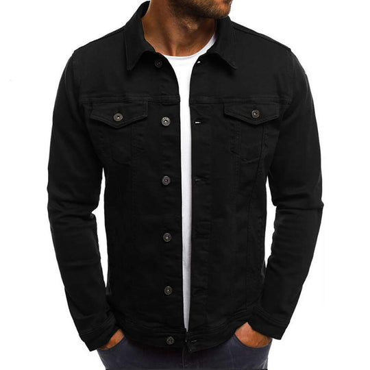Black slim denim jacket with button front and two chest flap pockets