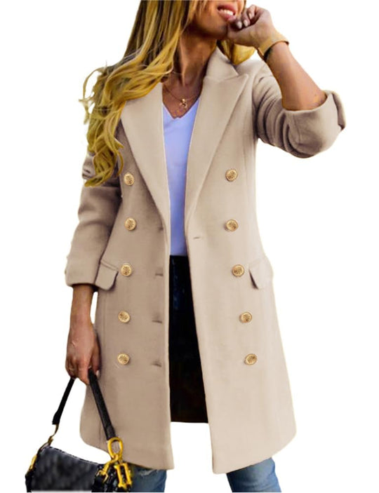 Light beige double-breasted midi coat with gold buttons and long sleeves