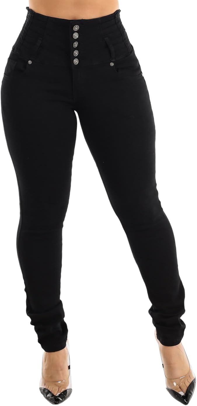 Black skinny jeans, front view with belt loops, two front pockets, button closure
