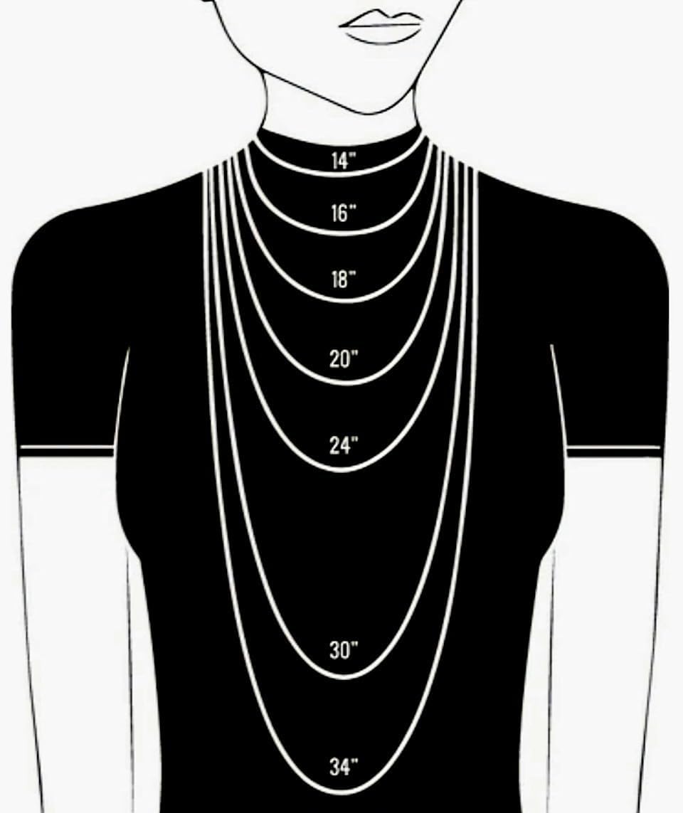Necklace size guide: layered gold curb chain lengths labeled 14–34