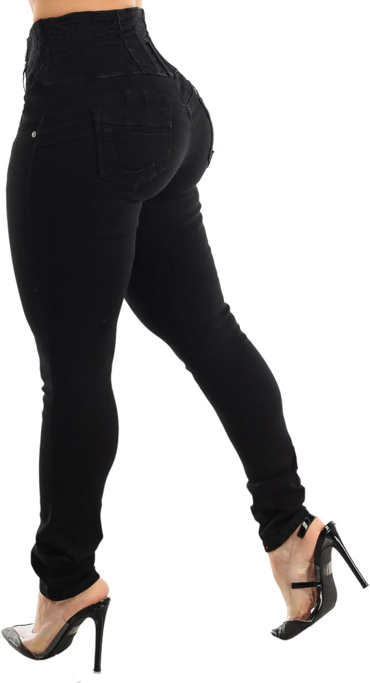 Black butt-lifting skinny jeans, high rise, back pockets, button closure