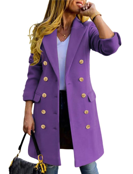 Purple wool midi peacoat with gold buttons, double-breasted front, and tailored cuffs