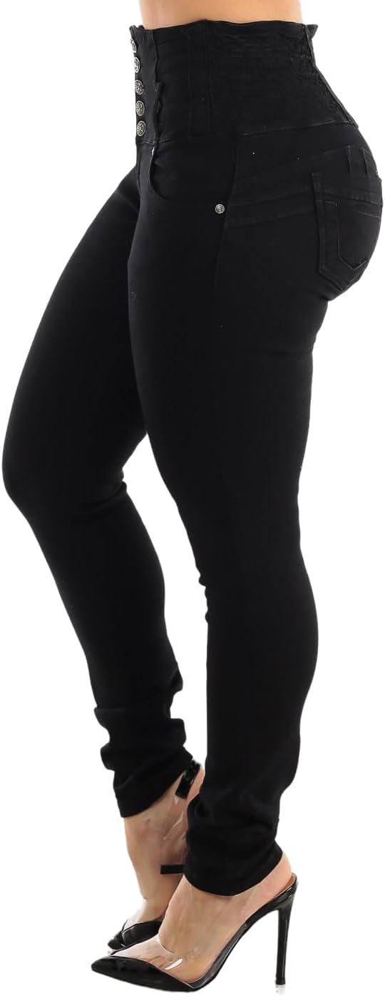 Black skinny jeans, side view with front pocket, high waist seams and button