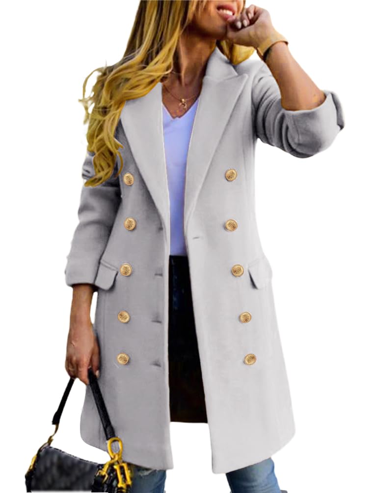 Double-breasted midi wool coat, light grey, gold buttons, notch lapels