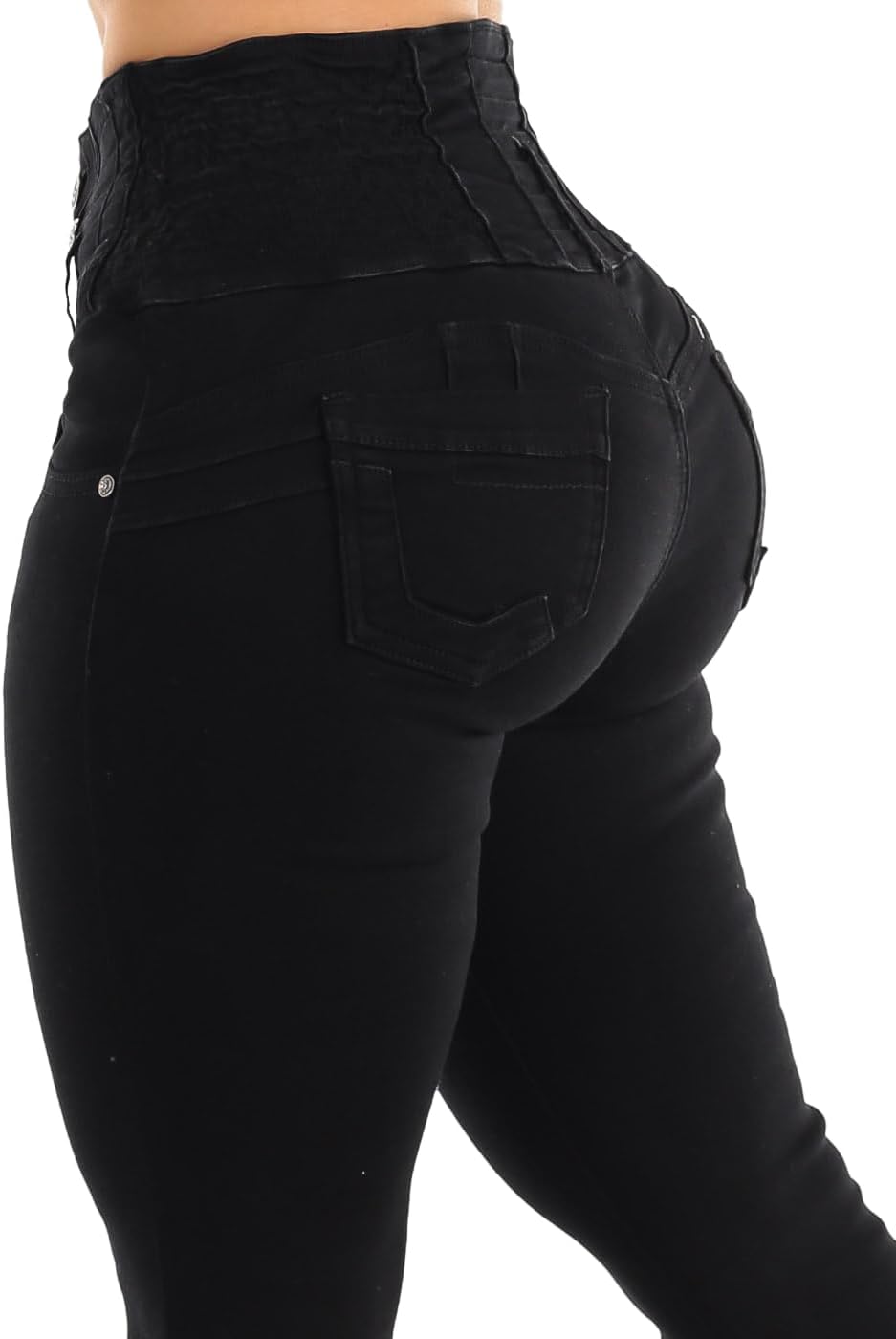 Black butt-lifting skinny jeans, close-up of back pocket and curved contour