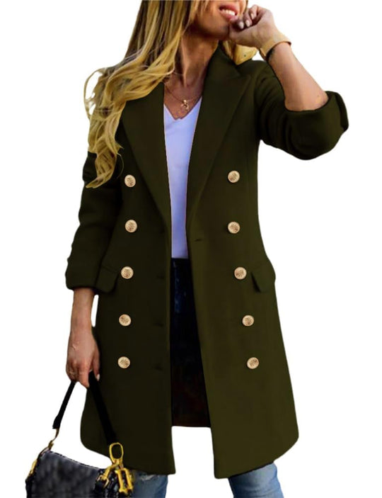 Double-breasted wool midi coat, army green, gold buttons, notched lapels
