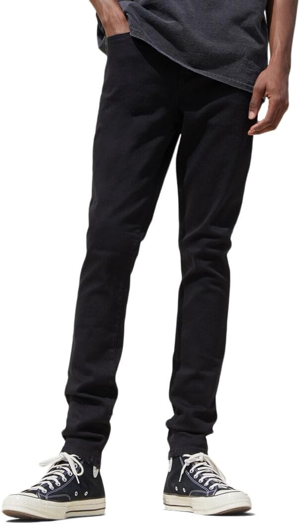 Men’s stacked skinny stretch jeans in black, front view, slim straight legs