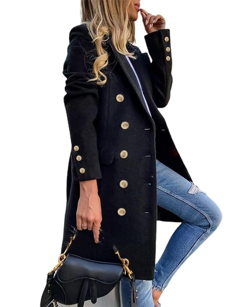 Double-breasted wool midi coat, black, gold buttons, notched lapels