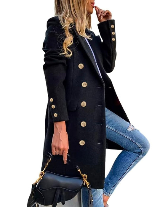 Black double-breasted midi peacoat with gold buttons and notched lapels