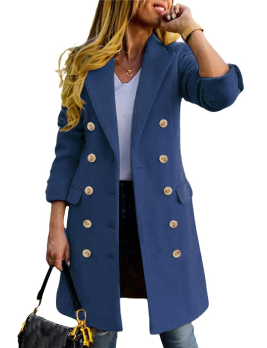 Blauer Midi-Peacoat, doppelt gereiht mit goldenen Knöpfen und Revers