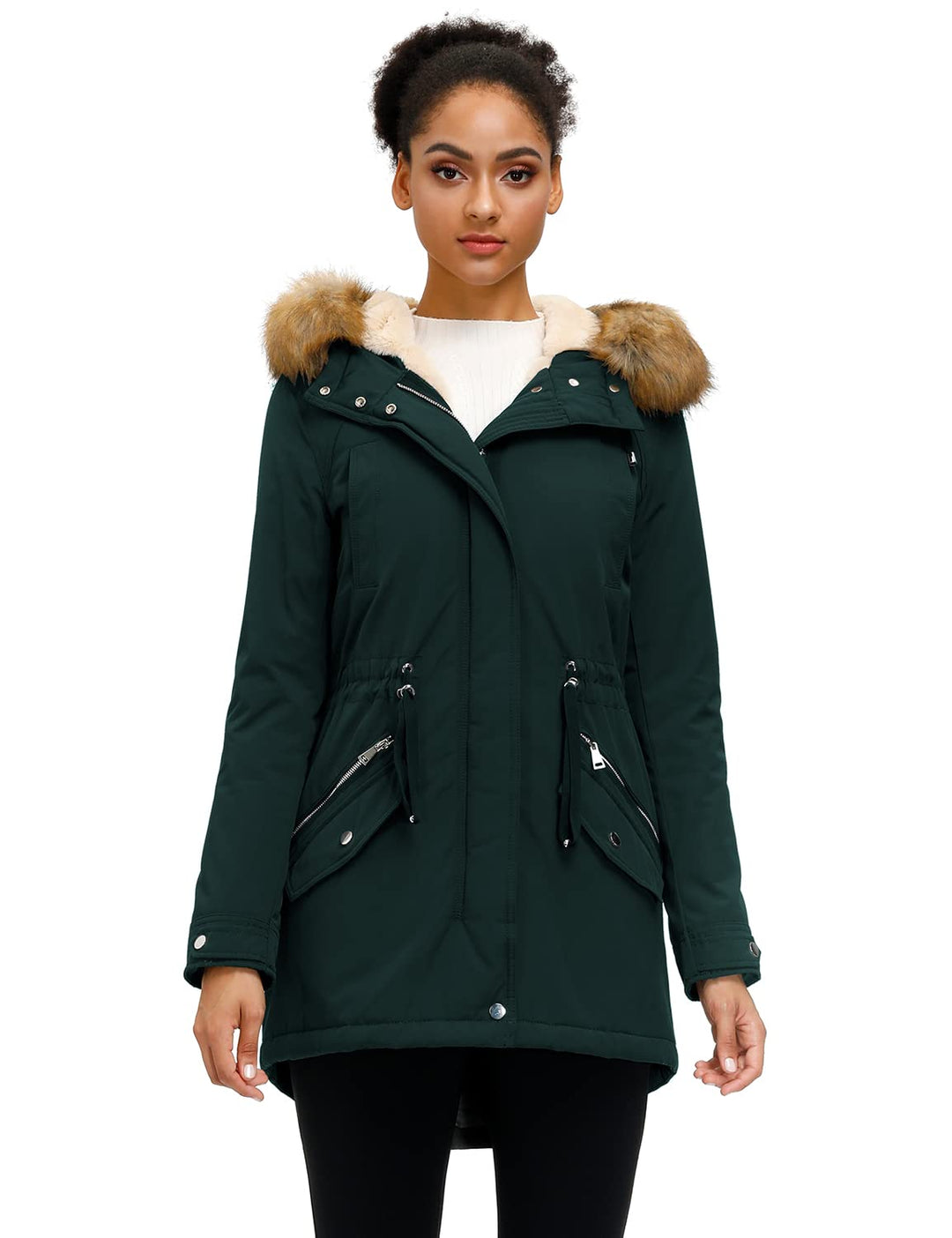 Women’s fleece-lined parka, dark green, faux-fur trimmed hood, zip-front with pockets
