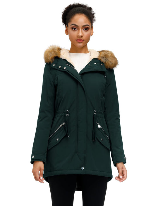 Dark green winter parka with faux fur hood trim, sherpa lining, zip pockets and buttons