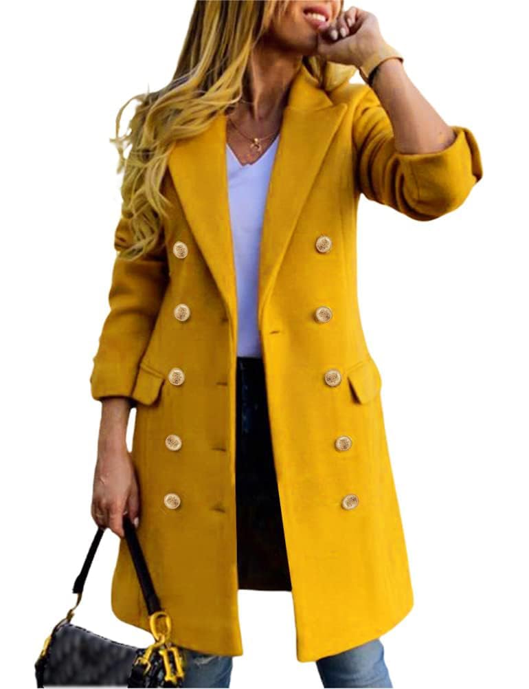 Double-breasted wool midi coat, mustard yellow, gold buttons, side pockets