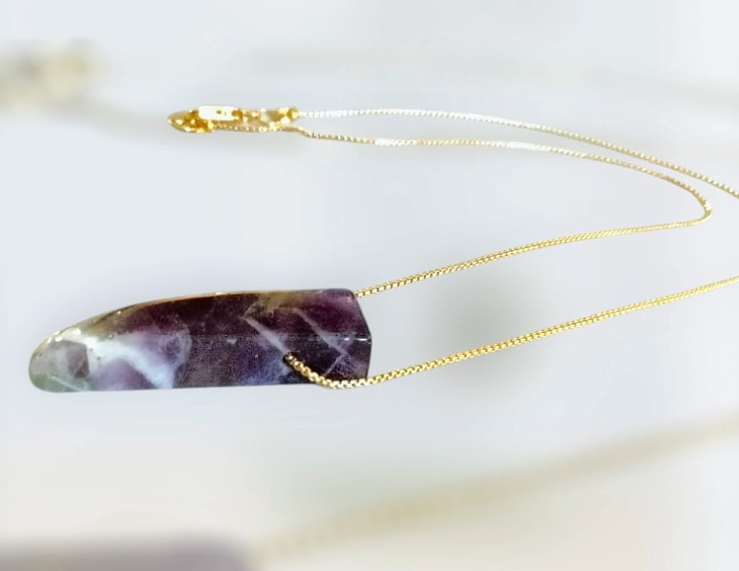 Flat amethyst crystal bar pendant on gold chain, purple and white veining