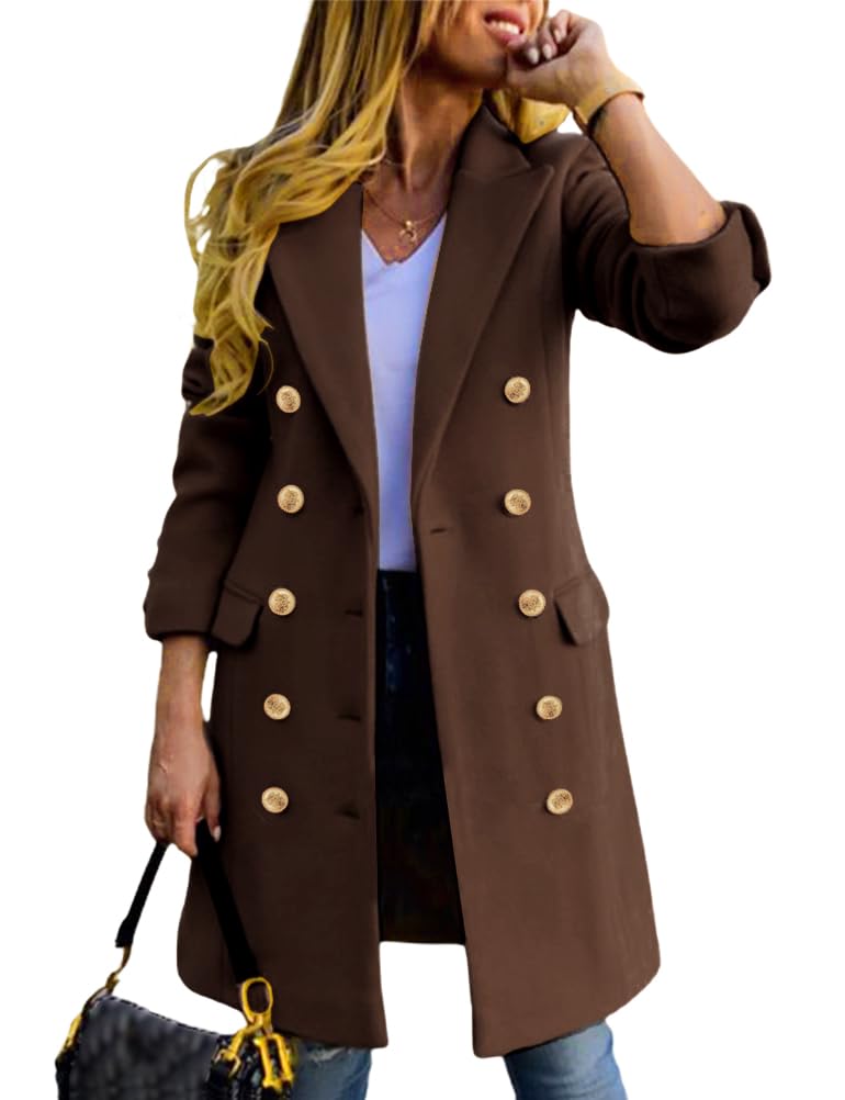 Double-breasted wool midi coat, brown, gold buttons, front slit hem