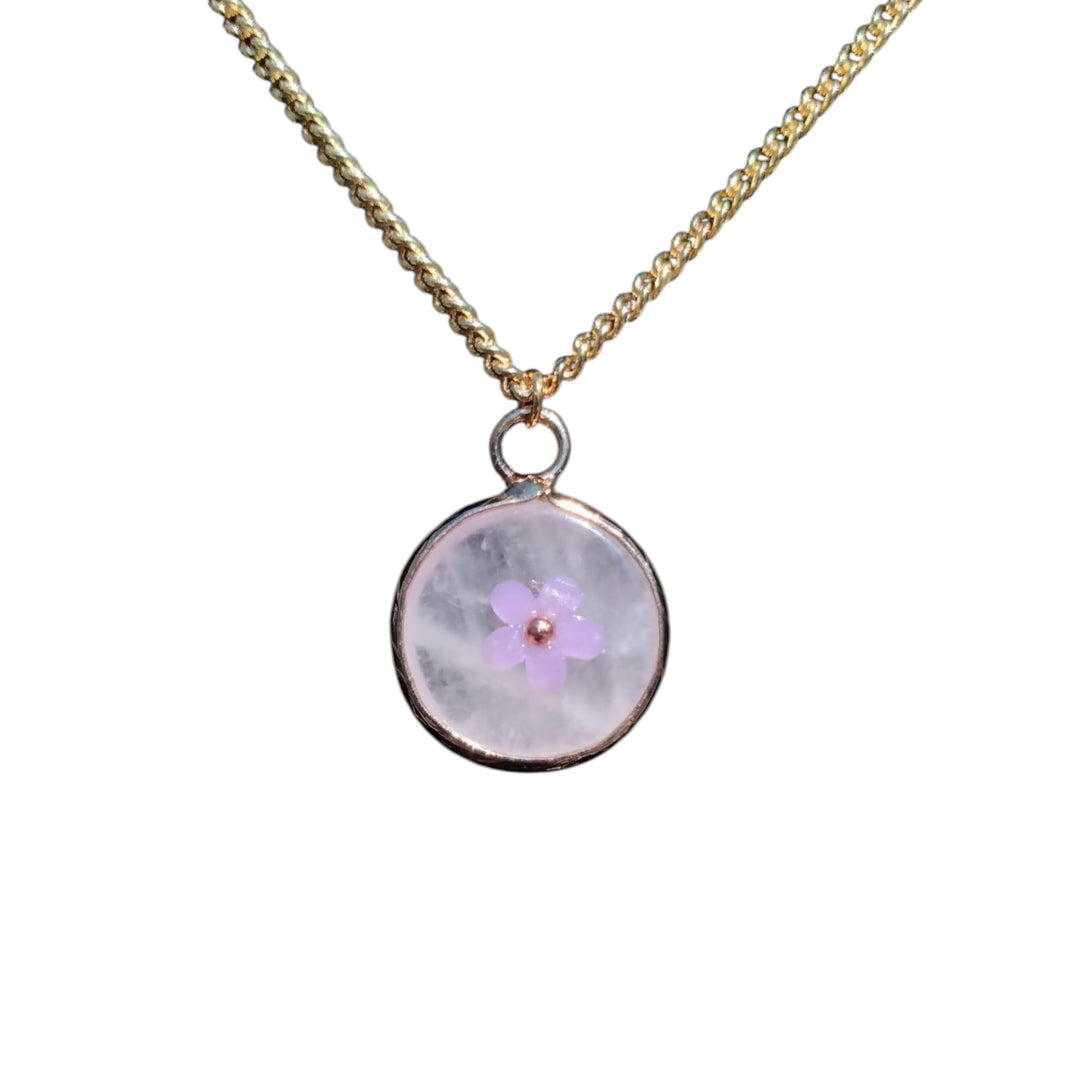 18K Gold Plated Natural Stone Necklace with Color Changing Floral Design, Black Obsidian, Amazonite, Rose Quartz, UV Reactive