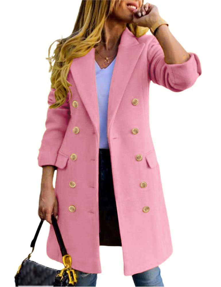 Double-breasted midi peacoat, pink with gold button front and flap pockets.