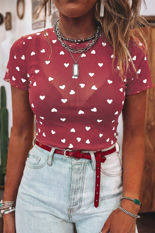 Sheer Heart Print Fitted Top
