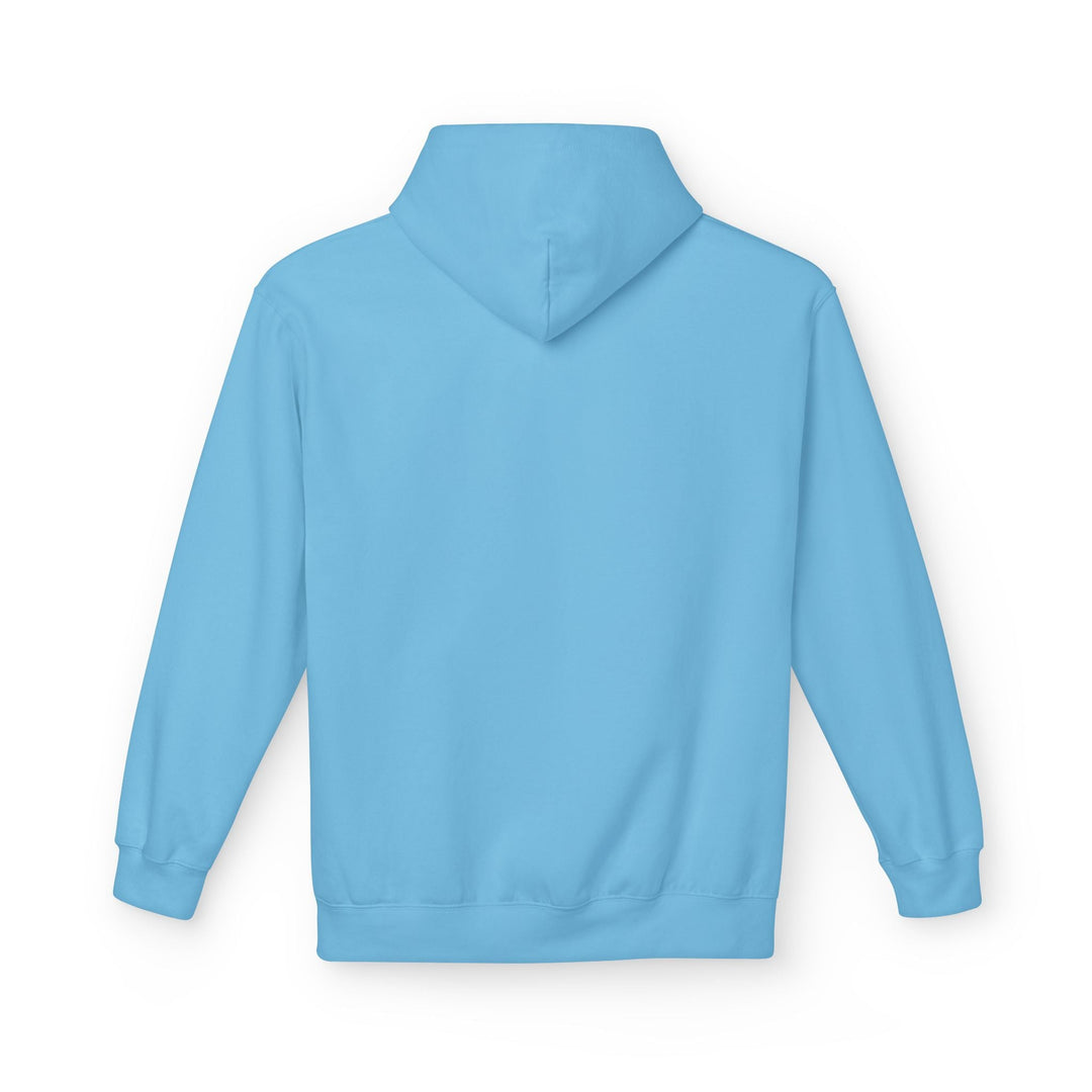 Sky blue pullover hoodie with front hood and kangaroo pocket, smooth plain look.