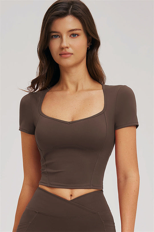 Taupe fitted scoop-neck t-shirt top with matching high-rise leggings