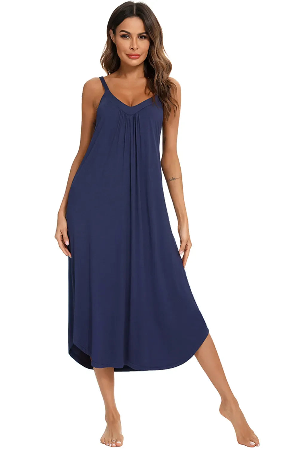 Dark blue V-neck midi lounge dress, sleeveless with loose drape skirt and subtle gathers