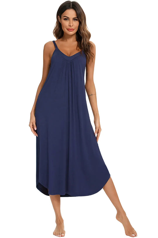 Dark blue V-neck midi lounge dress, sleeveless with loose drape skirt and subtle gathers
