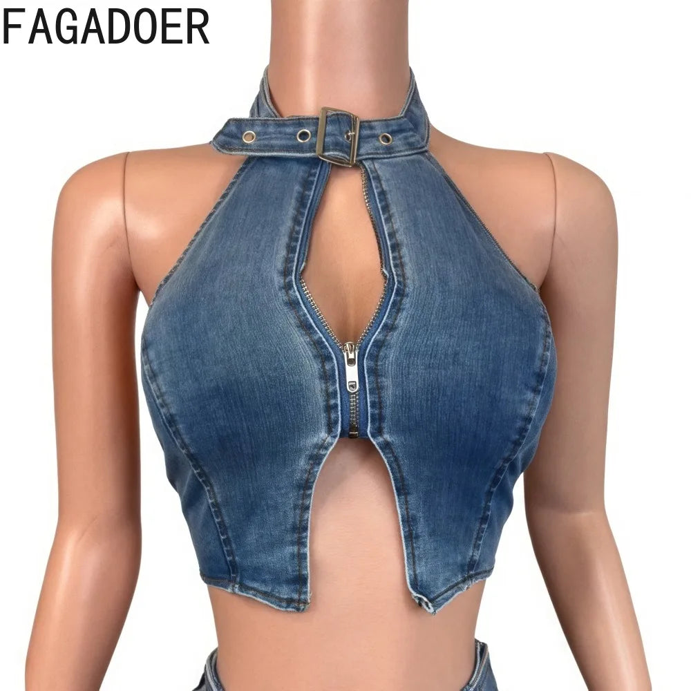 Blue denim halter crop top with neck strap and front zipper cutout panel