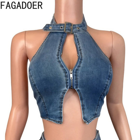 Blue denim halter crop top with neck strap and front zipper cutout panel