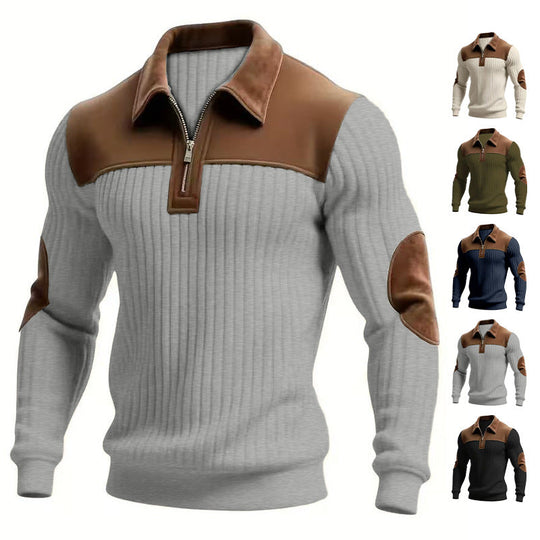 Patchwork-Strickpullover mit Reißverschluss, hellgrau und braune Einsätze