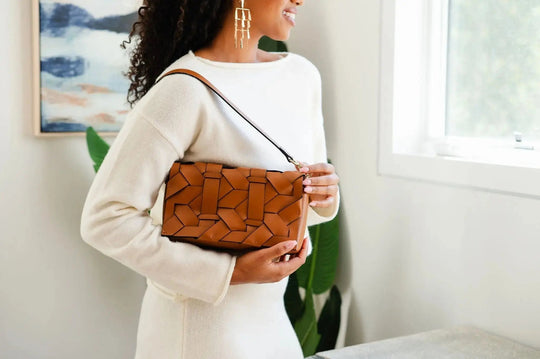 Camel THE ZENOBIA woven clutch with front geometric panel pattern and strap