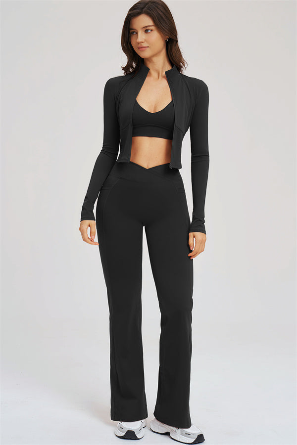 Black 3-piece set: zip jacket over sports bra and flared leggings