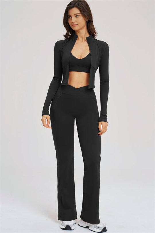 Black 3-piece set: zip jacket over sports bra and flared leggings