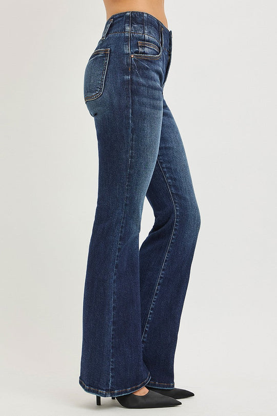 Dark wash high-rise flare jeans side view with seam detail and back pocket stitching