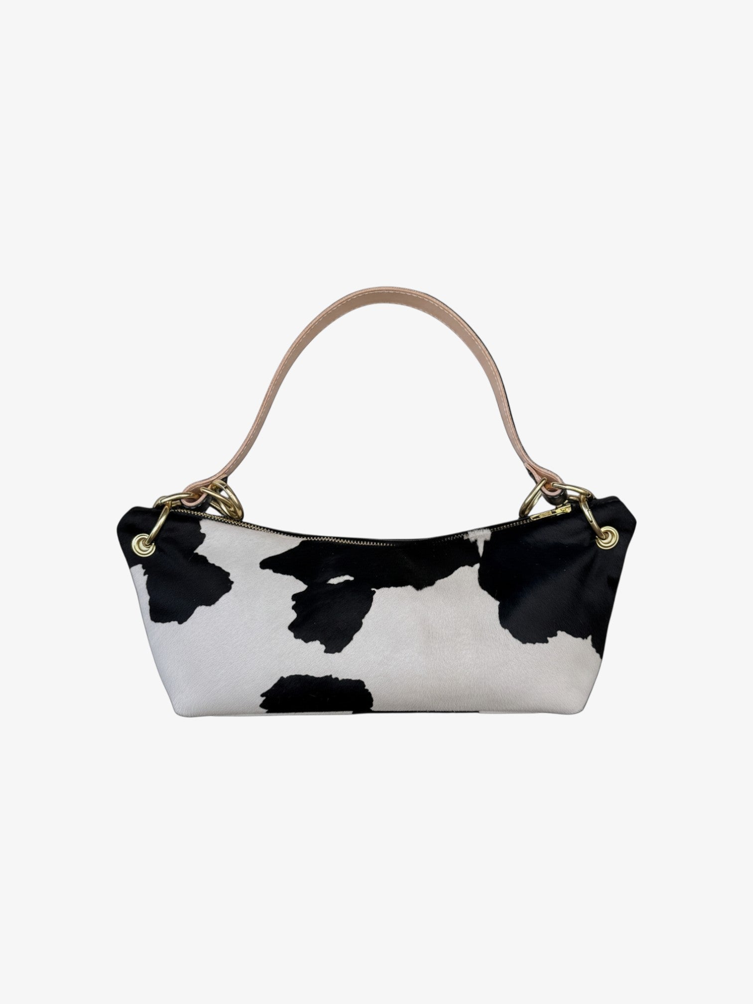 Cow-print shoulder bag in black and white with short top handles