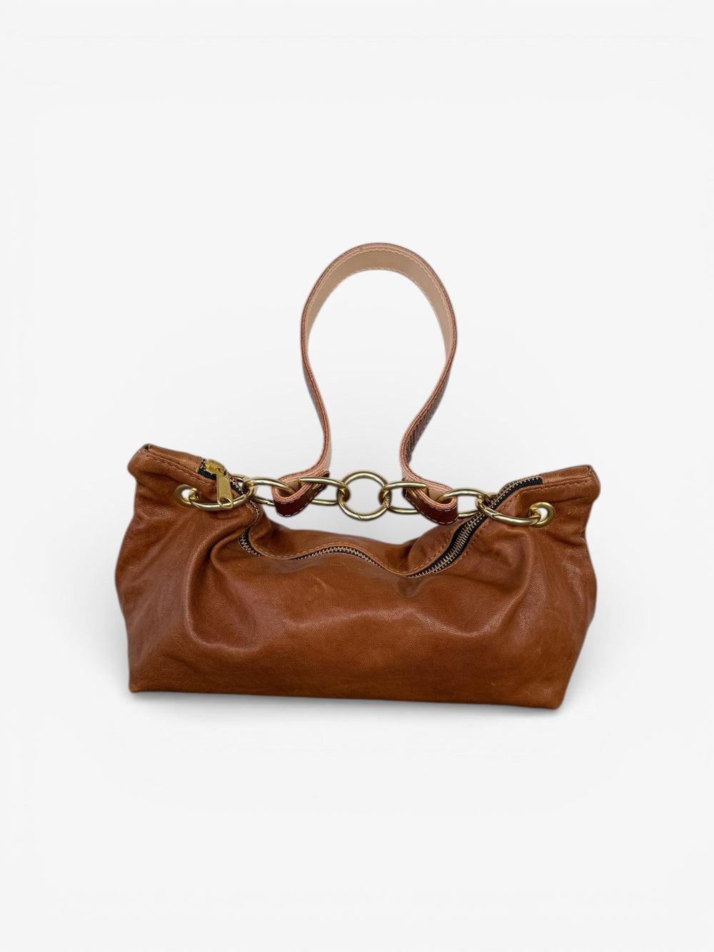 Brown leather shoulder bag with chain-link strap connectors and top zipper