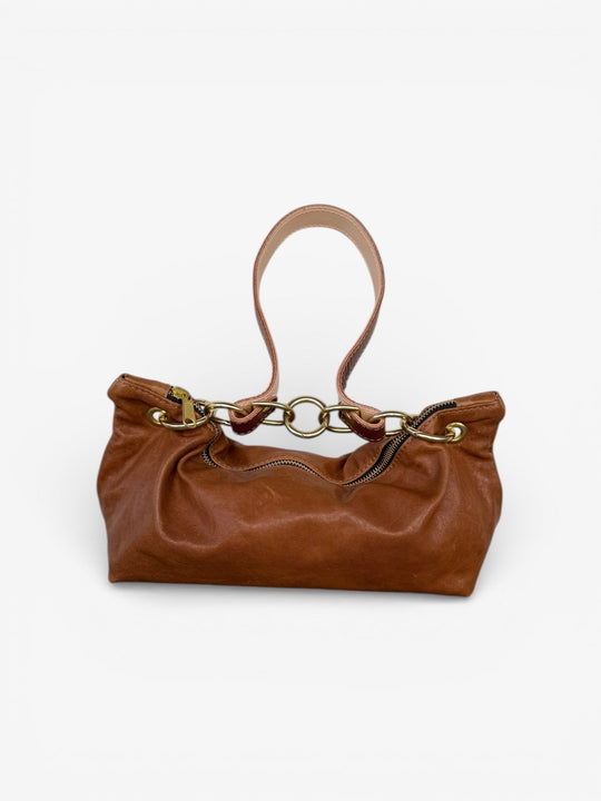 Brown leather shoulder bag with chain-link strap connectors and top zipper