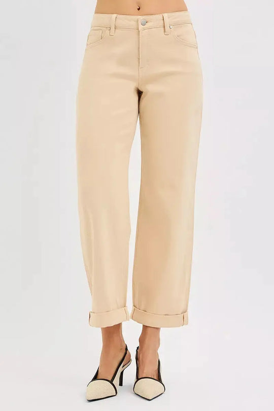 Butter milk mid-rise relaxed barrel jeans, back view with two back pockets