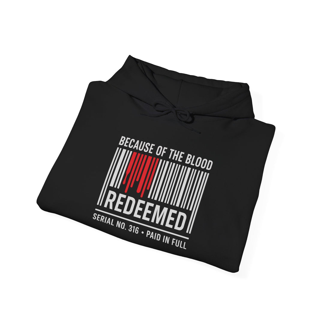 Black hoodie angled view with chest graphic, hood drawstring, and kangaroo pocket
