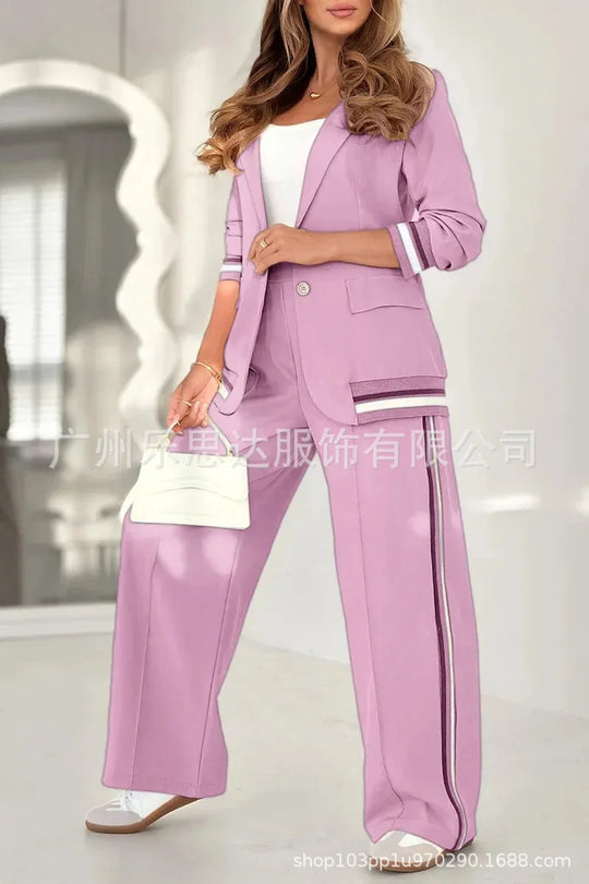 Women Suit Jacket 2 Piece Sets Striped Blazer Coat Turn Down Collar Single Breasted Wide Leg Pants Ensemble Office Lady Outfits