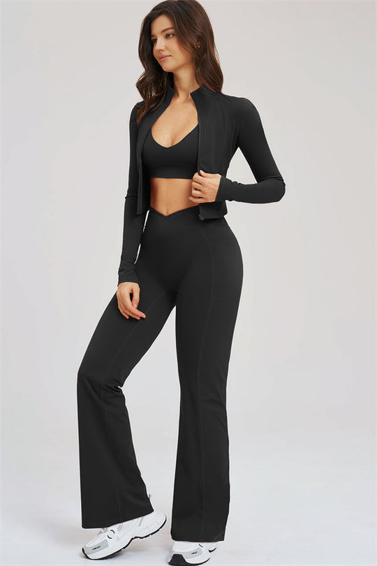 Schwarzes 3-teiliges Sport-Set: offener Zip-Jacke-Look über Sport-BH, Schlagleggings