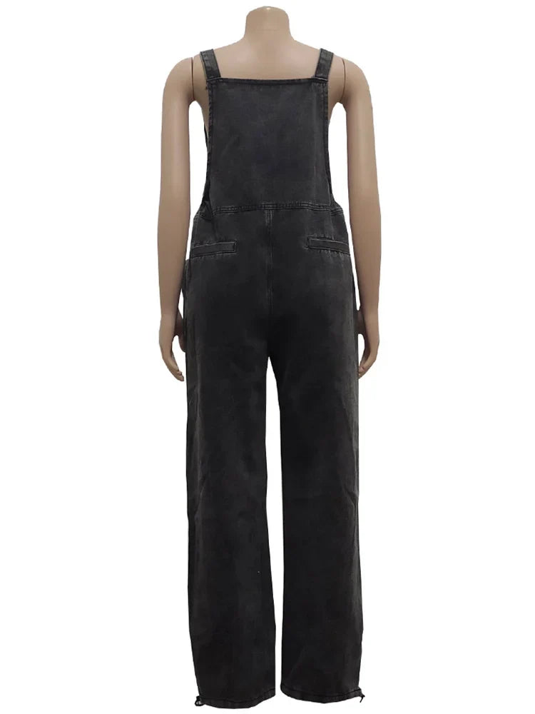 Wmstar black denim cargo jumpsuit, wide-leg one-piece, front bib and pockets