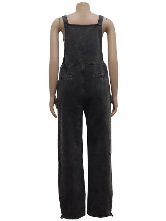 Wmstar black denim cargo jumpsuit, wide-leg one-piece, front bib and pockets